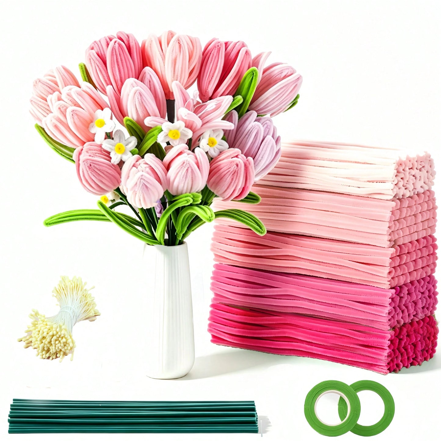523/405/303/101pcs Pink Floral Tube Cleaner Craft, 5 Colors Floral Tube Cleaner, Pastel Chenille Stems, For Handmade Bouquet Wrapping Party Decoration, With Floral Wire, Tape, Suitable For DIY Craft E