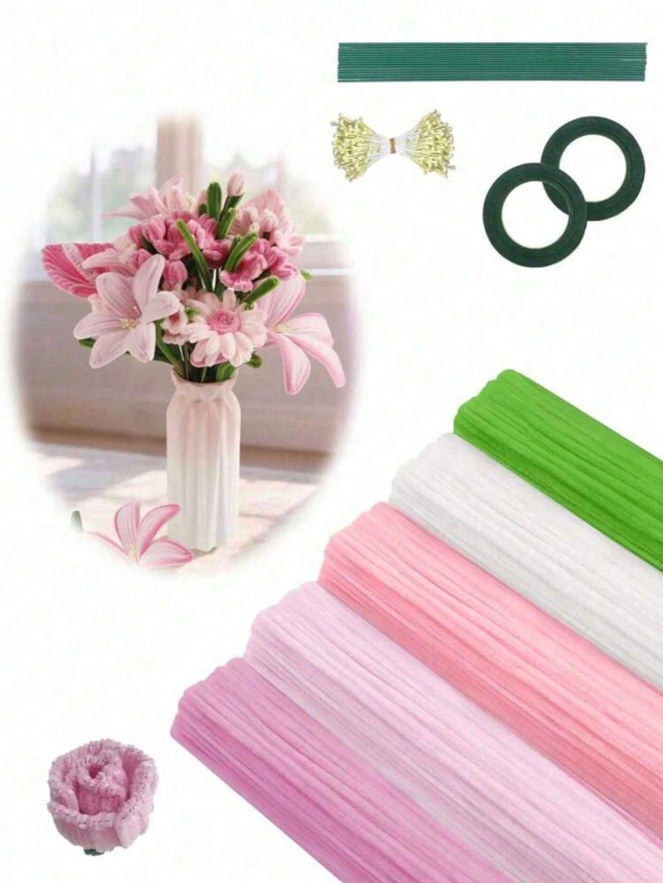 523/405/303/101pcs Pink Floral Tube Cleaner Craft, 5 Colors Floral Tube Cleaner, Pastel Chenille Stems, For Handmade Bouquet Wrapping Party Decoration, With Floral Wire, Tape, Suitable For DIY Craft E