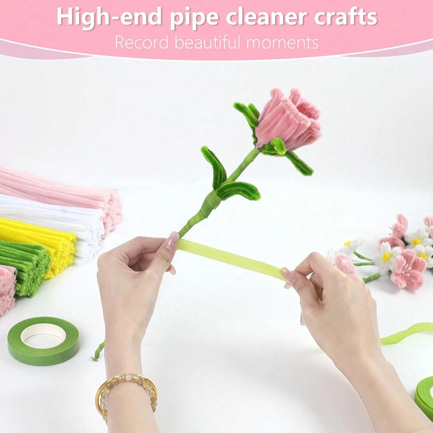 523/405/303/101pcs Pink Floral Tube Cleaner Craft, 5 Colors Floral Tube Cleaner, Pastel Chenille Stems, For Handmade Bouquet Wrapping Party Decoration, With Floral Wire, Tape, Suitable For DIY Craft E
