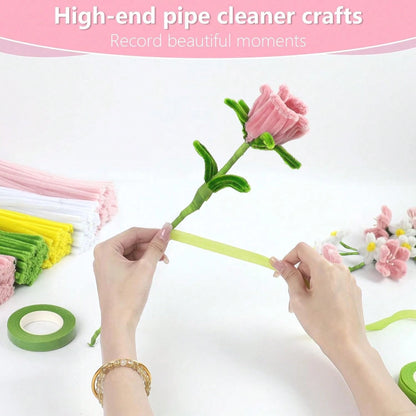 523/405/303/101pcs Pink Floral Tube Cleaner Craft, 5 Colors Floral Tube Cleaner, Pastel Chenille Stems, For Handmade Bouquet Wrapping Party Decoration, With Floral Wire, Tape, Suitable For DIY Craft E