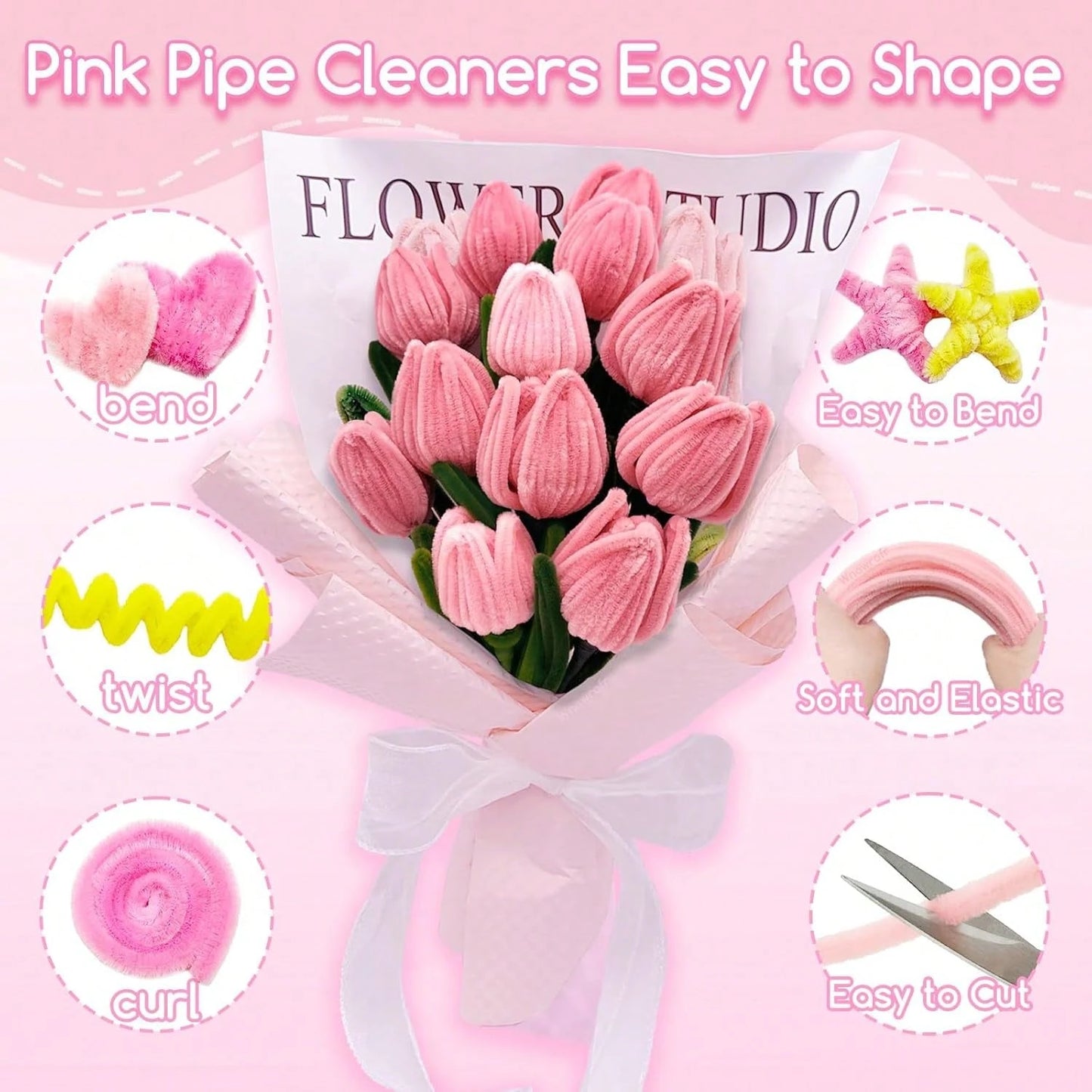 523/405/303/101pcs Pink Floral Tube Cleaner Craft, 5 Colors Floral Tube Cleaner, Pastel Chenille Stems, For Handmade Bouquet Wrapping Party Decoration, With Floral Wire, Tape, Suitable For DIY Craft E