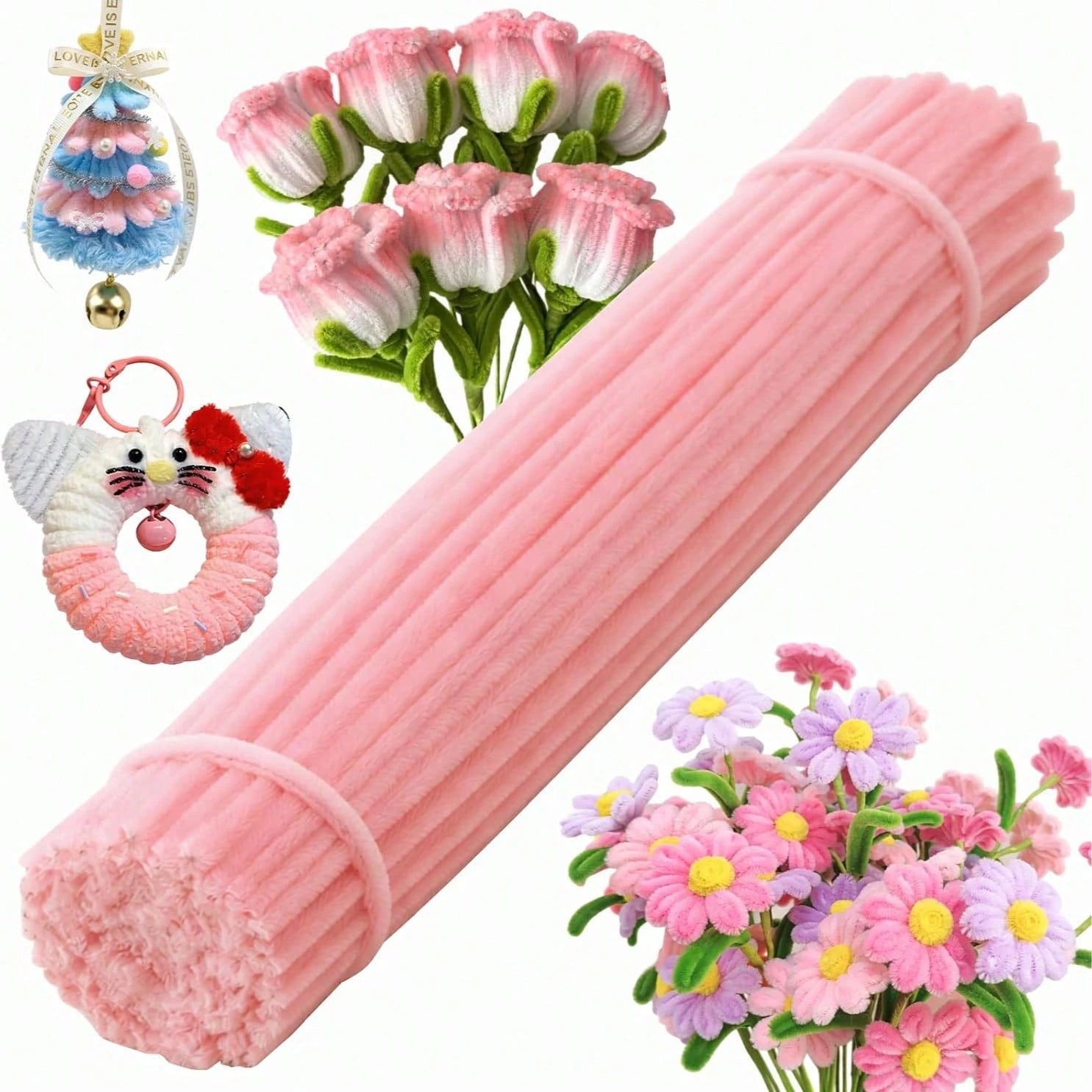 523/405/303/101pcs Pink Floral Tube Cleaner Craft, 5 Colors Floral Tube Cleaner, Pastel Chenille Stems, For Handmade Bouquet Wrapping Party Decoration, With Floral Wire, Tape, Suitable For DIY Craft E