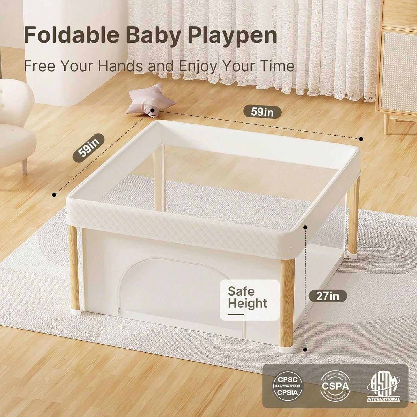 59" X 59" X 27" Portable Foldable Baby Playpen, Indoor Outdoor Play Yard, Travel Playpen With Carry Bag For Babies, Toddlers & Kids, White