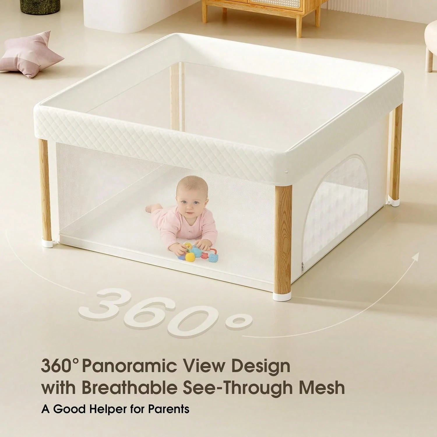 59" X 59" X 27" Portable Foldable Baby Playpen, Indoor Outdoor Play Yard, Travel Playpen With Carry Bag For Babies, Toddlers & Kids, White