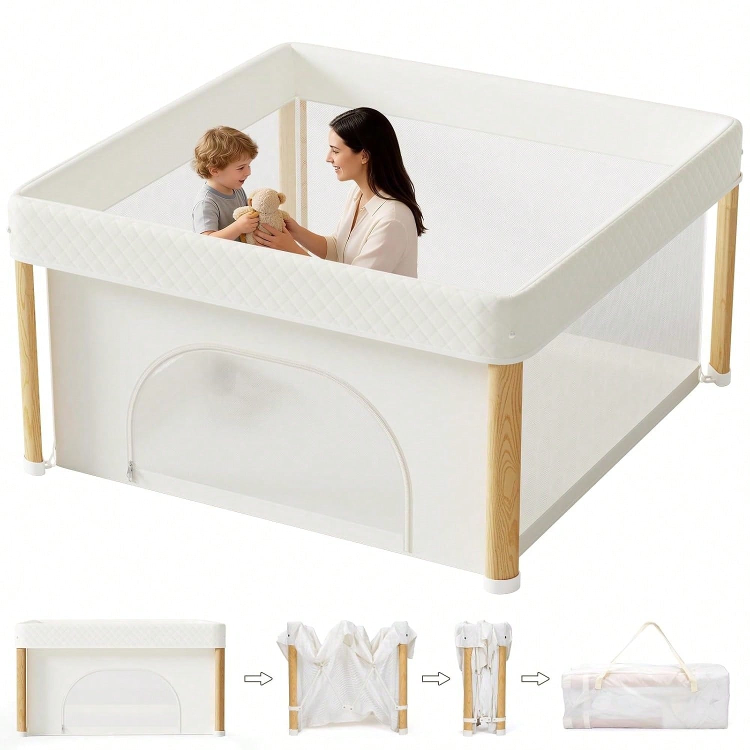 59" X 59" X 27" Portable Foldable Baby Playpen, Indoor Outdoor Play Yard, Travel Playpen With Carry Bag For Babies, Toddlers & Kids, White