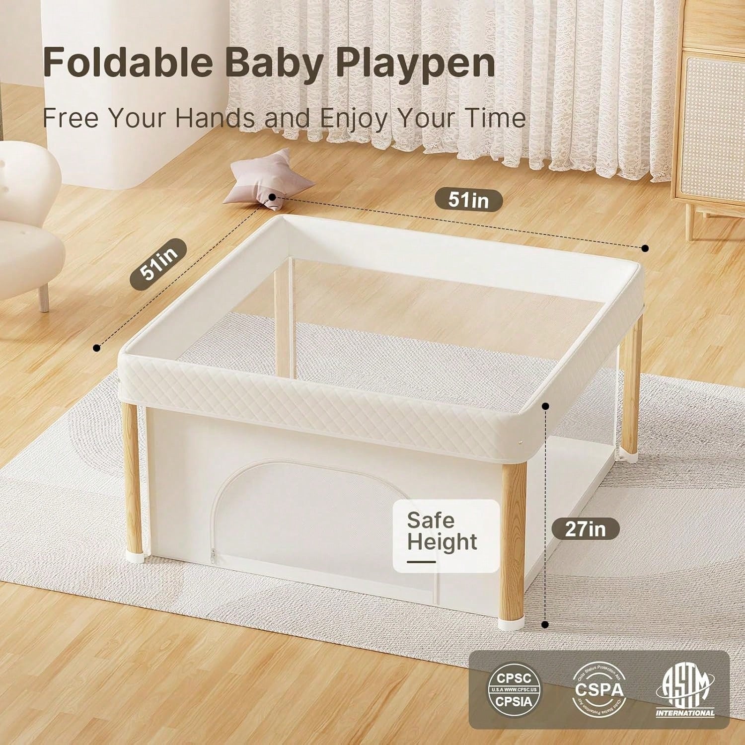 59" X 59" X 27" Portable Foldable Baby Playpen, Indoor Outdoor Play Yard, Travel Playpen With Carry Bag For Babies, Toddlers & Kids, White
