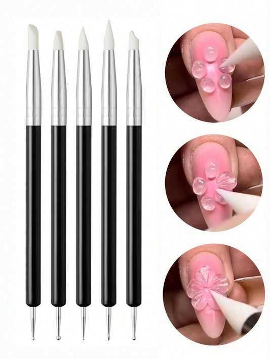 5pcs Acrylic Nail Art Silicone Brush Set, Black Carving Painting Pointed Tip, UV Gel DIY Polishing Double-Ended 3D Flower Shaped Drawing Engraving Nail Decoration Tools