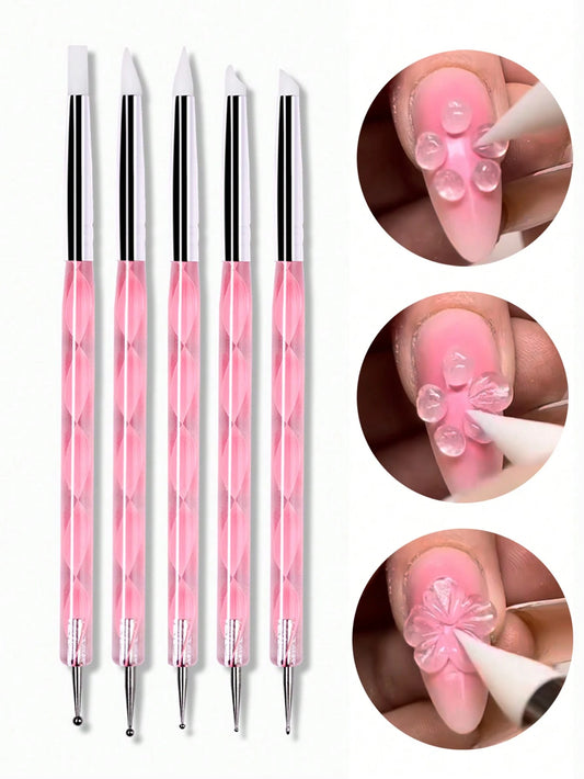 5pcs Acrylic Nail Art Silicone Carving Painting Brushes, UV Gel DIY Nail Polish Double-Ended Sculpting Drawing Dotting Tools