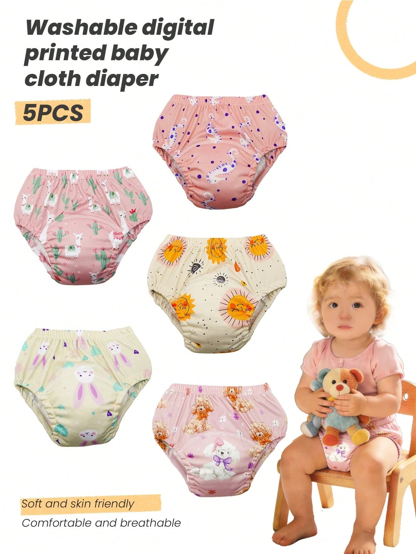 5pcs Baby Reusable Printed Potty Training Pants, Washable Diaper Underwear For Toddler Boys & Girls