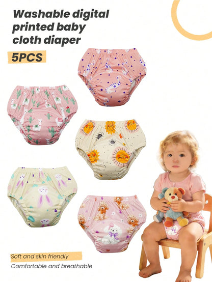 5pcs Baby Reusable Printed Potty Training Pants, Washable Diaper Underwear For Toddler Boys & Girls