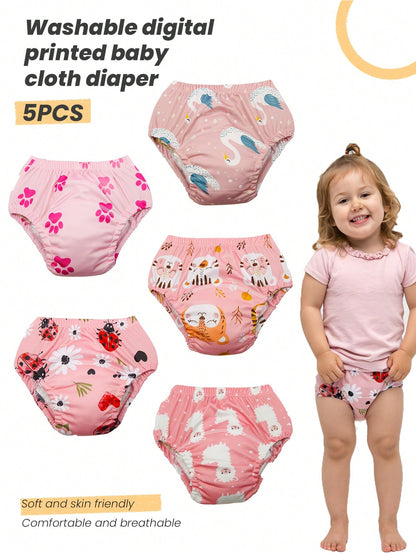 5pcs Baby Reusable Printed Potty Training Pants, Washable Diaper Underwear For Toddler Boys & Girls