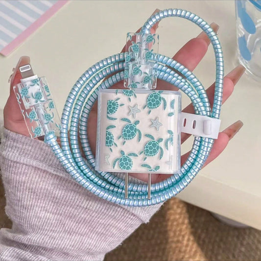 5pcs Blue Sea Turtle Pattern Data Cable Protector, Compatible With 20W Apple 16 15 Charger For IPhone 14 13 12 Fast Charging, Ocean Theme, Summer Gift