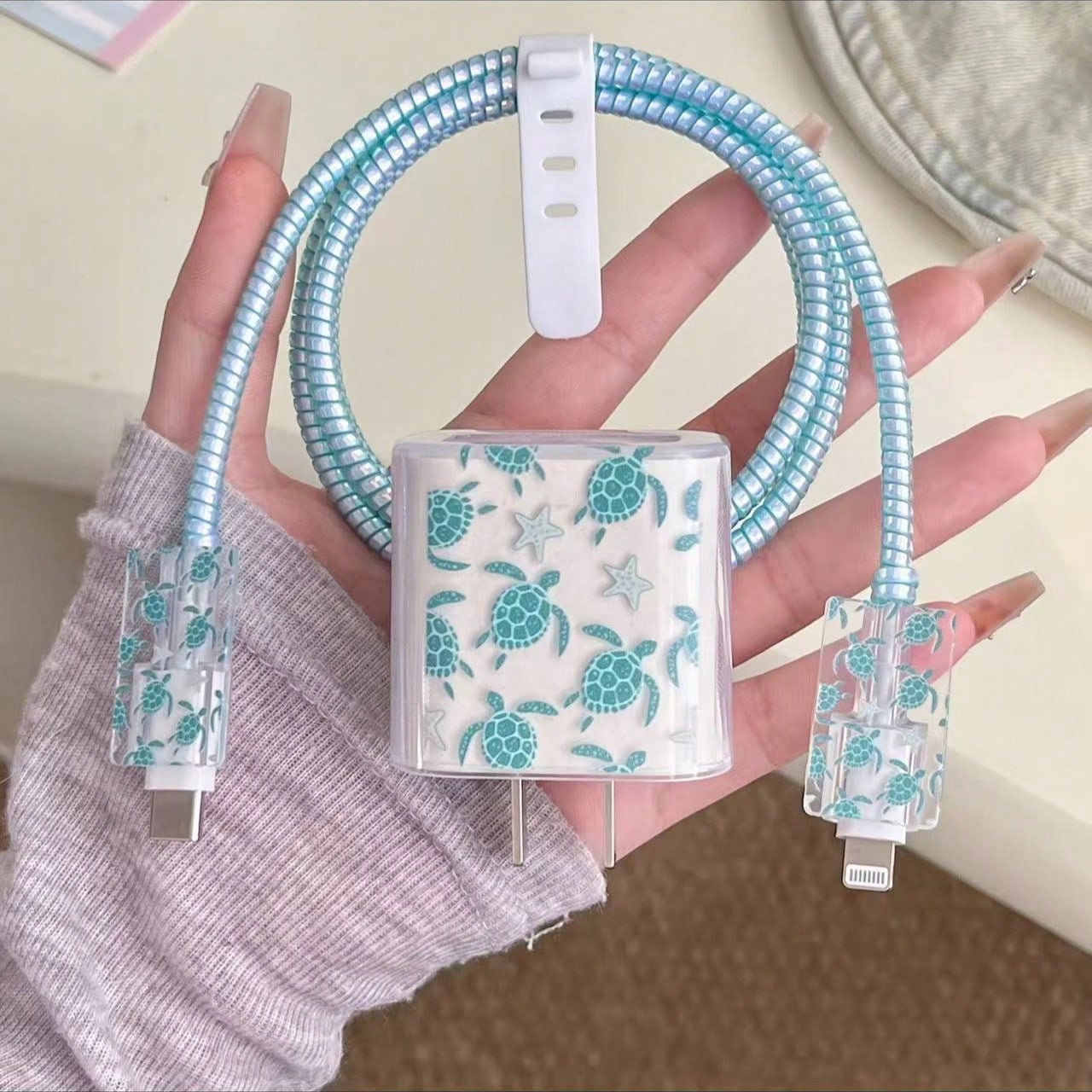 5pcs Blue Sea Turtle Pattern Data Cable Protector, Compatible With 20W Apple 16 15 Charger For IPhone 14 13 12 Fast Charging, Ocean Theme, Summer Gift