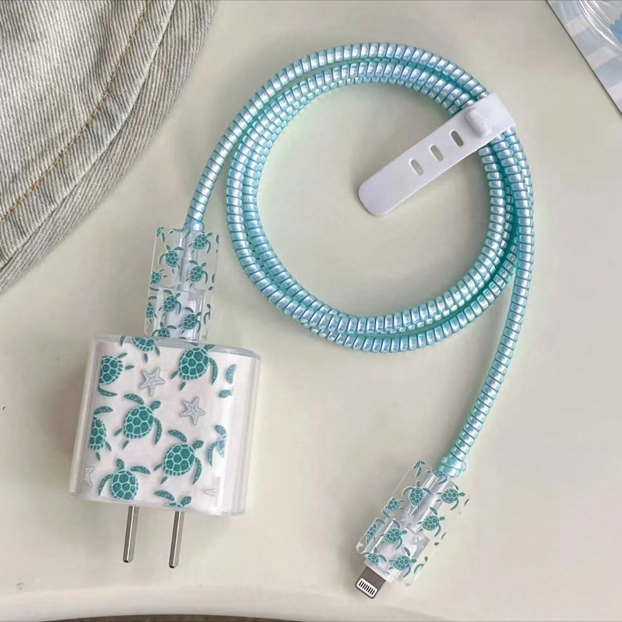 5pcs Blue Sea Turtle Pattern Data Cable Protector, Compatible With 20W Apple 16 15 Charger For IPhone 14 13 12 Fast Charging, Ocean Theme, Summer Gift