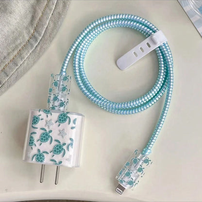 5pcs Blue Sea Turtle Pattern Data Cable Protector, Compatible With 20W Apple 16 15 Charger For IPhone 14 13 12 Fast Charging, Ocean Theme, Summer Gift