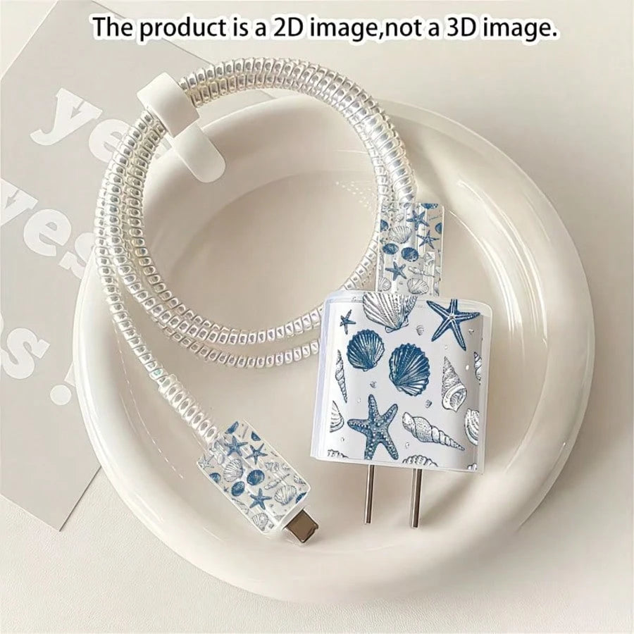 5pcs Blue Sea Turtle Pattern Data Cable Protector, Compatible With 20W Apple 16 15 Charger For IPhone 14 13 12 Fast Charging, Ocean Theme, Summer Gift