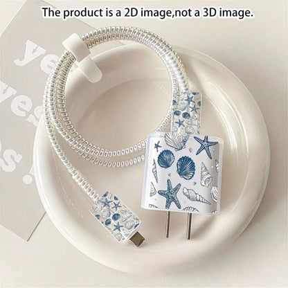 5pcs Blue Sea Turtle Pattern Data Cable Protector, Compatible With 20W Apple 16 15 Charger For IPhone 14 13 12 Fast Charging, Ocean Theme, Summer Gift