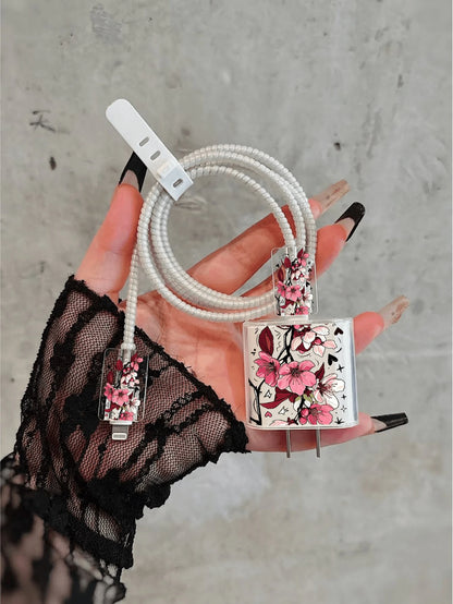 5pcs Charger Protective Case Set, Rose Flower Pattern, Includes Data Cable Storage Accessories, 20W/18W Charging Adapter And Adapter Head Cover, Compatible With Apple 11/12/13/14/15/16/13 Promax/16 Pr