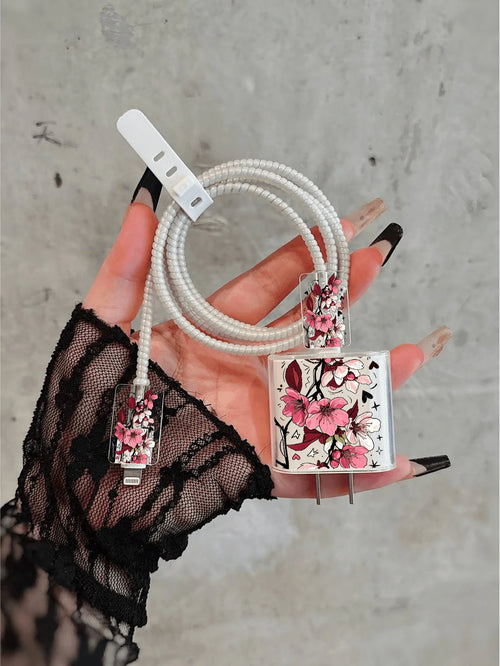 5pcs Charger Protective Case Set, Rose Flower Pattern, Includes Data Cable Storage Accessories, 20W/18W Charging Adapter And Adapter Head Cover, Compatible With Apple 11/12/13/14/15/16/13 Promax/16 Pr