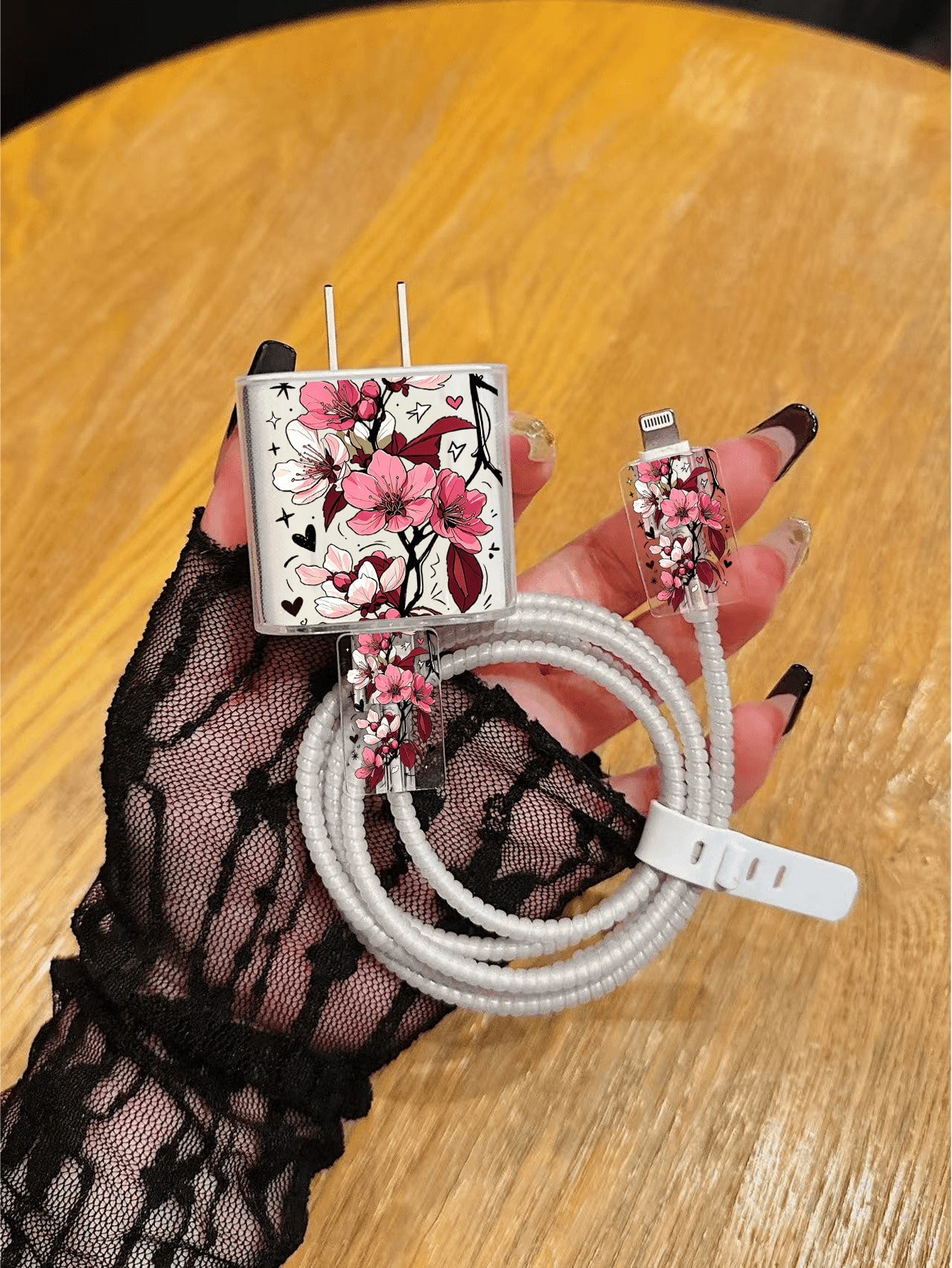 5pcs Charger Protective Case Set, Rose Flower Pattern, Includes Data Cable Storage Accessories, 20W/18W Charging Adapter And Adapter Head Cover, Compatible With Apple 11/12/13/14/15/16/13 Promax/16 Pr