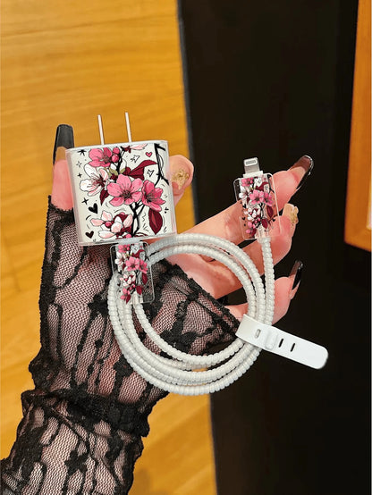 5pcs Charger Protective Case Set, Rose Flower Pattern, Includes Data Cable Storage Accessories, 20W/18W Charging Adapter And Adapter Head Cover, Compatible With Apple 11/12/13/14/15/16/13 Promax/16 Pr