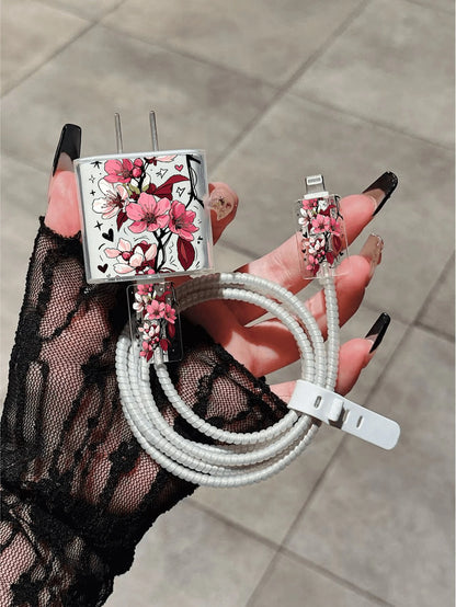 5pcs Charger Protective Case Set, Rose Flower Pattern, Includes Data Cable Storage Accessories, 20W/18W Charging Adapter And Adapter Head Cover, Compatible With Apple 11/12/13/14/15/16/13 Promax/16 Pr