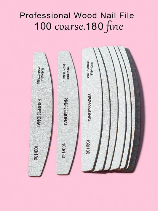 5pcs Crescent-Shaped Shaped 100/180 Grit Double-Sided Wooden Nail Files, Washable And Reusable, Suitable For Natural Nails, Manicure Tools For Home And Nail Salon Use. Nail Buffing Block, Nail Supplie