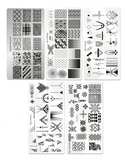 5pcs Nail Art Stamping Plates Set With Line, Flower, Geometric Patterns, Stainless Steel Nail Transfer Template DIY Nail Art Tools