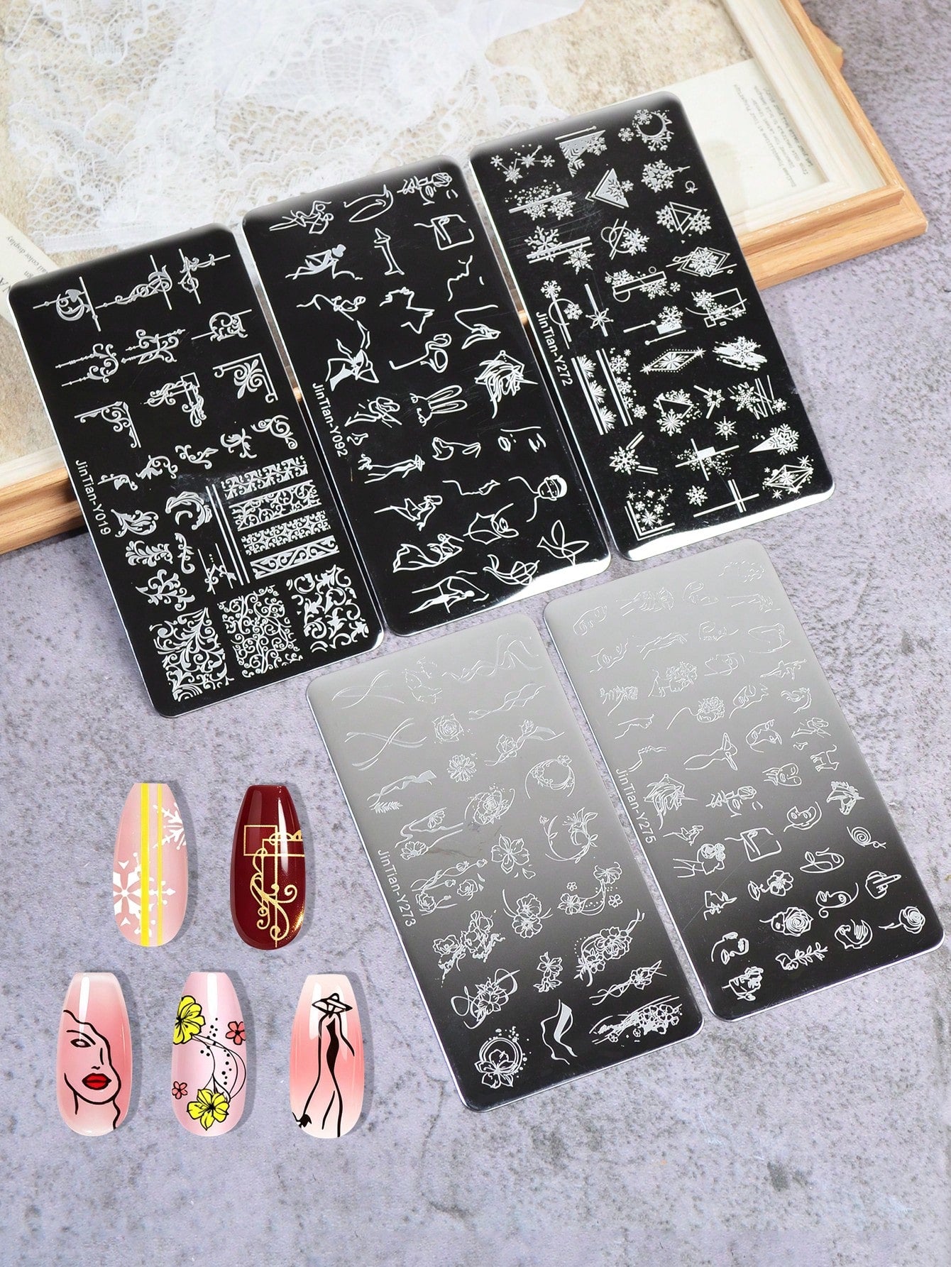 5pcs Nail Art Stamping Plates Set With Line, Flower, Geometric Patterns, Stainless Steel Nail Transfer Template DIY Nail Art Tools