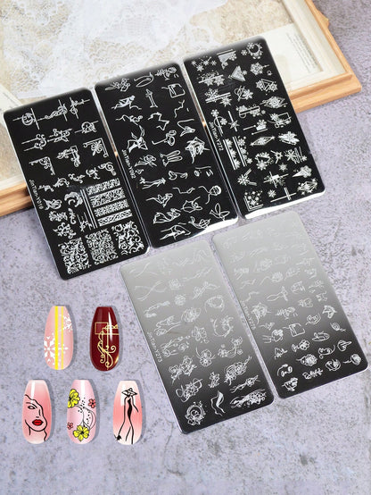5pcs Nail Art Stamping Plates Set With Line, Flower, Geometric Patterns, Stainless Steel Nail Transfer Template DIY Nail Art Tools