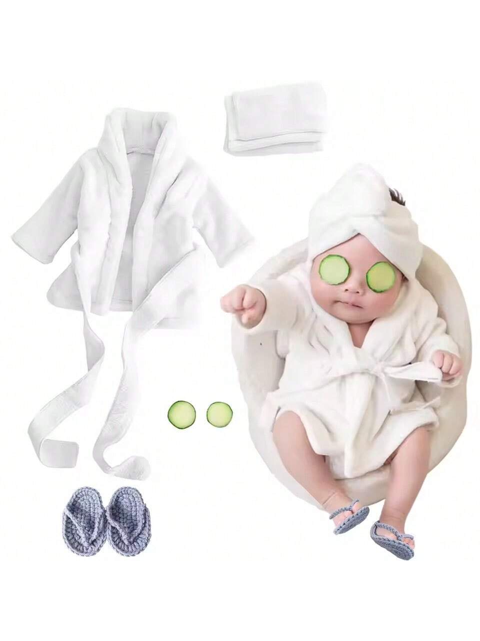 5PCS Newborn Photography Props Baby Girl Bathrobes Bath Towel Outfit With Slippers Cucumber Photo Props For Infant Boys Girls Baby Shower Easter Gift Things For Girls/Boys