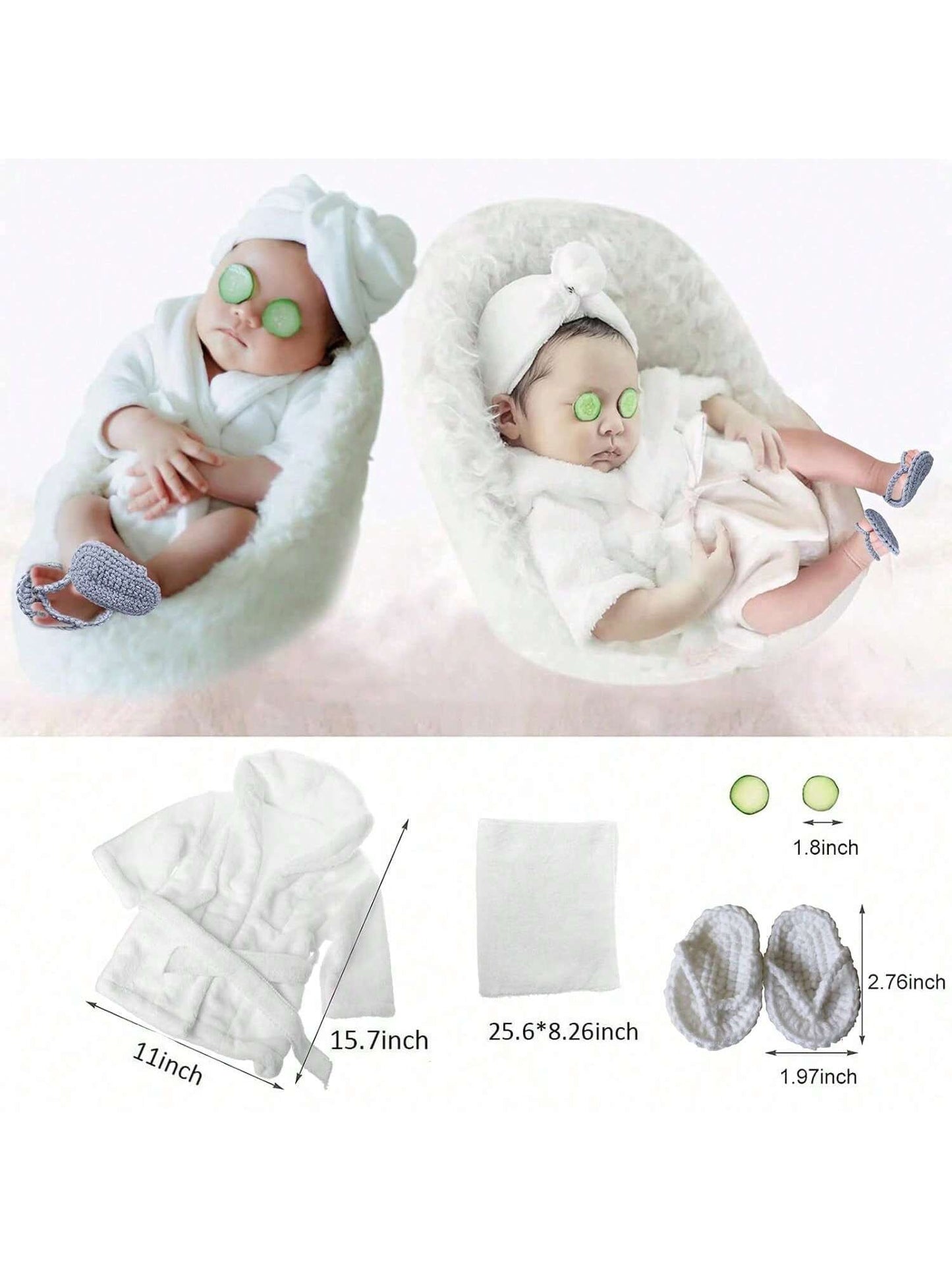 5PCS Newborn Photography Props Baby Girl Bathrobes Bath Towel Outfit With Slippers Cucumber Photo Props For Infant Boys Girls Baby Shower Easter Gift Things For Girls/Boys