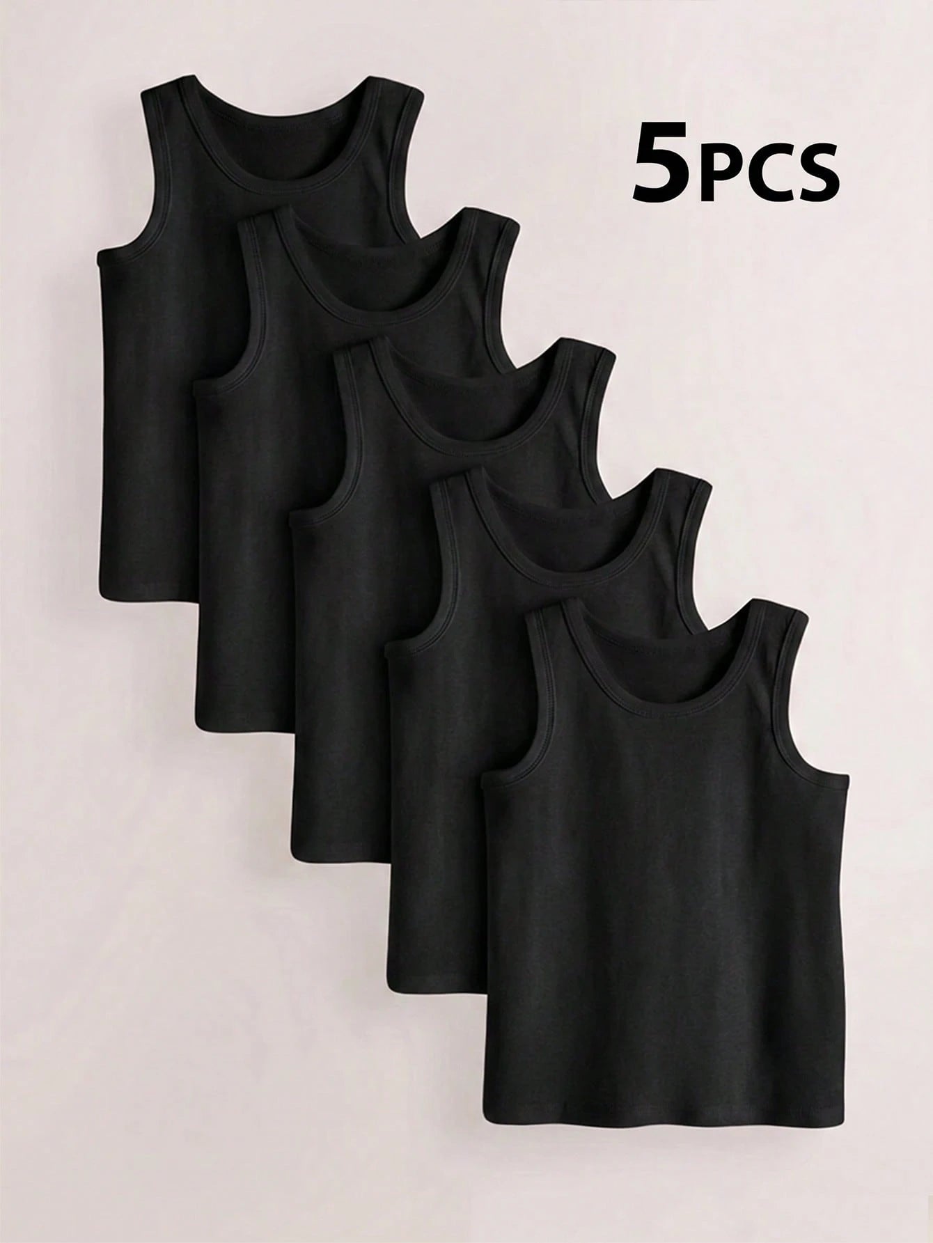 5pcs/Pack Boys Toddler Minimalist Style Black Solid Color Round Neck Sleeveless Lightweight Soft Knit Undershirts, Suitable For All-Season Casual Wear. This Comfortable Skin-Friendly Material Ba