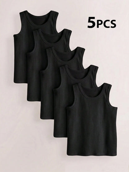 5pcs/Pack Boys Toddler Minimalist Style Black Solid Color Round Neck Sleeveless Lightweight Soft Knit Undershirts, Suitable For All-Season Casual Wear. This Comfortable Skin-Friendly Material Ba