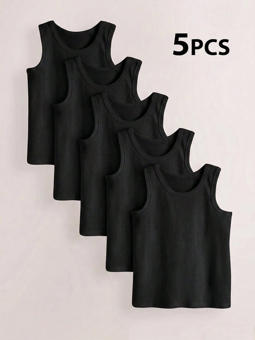 5pcs/Pack Boys Toddler Minimalist Style Black Solid Color Round Neck Sleeveless Lightweight Soft Knit Undershirts, Suitable For All-Season Casual Wear. This Comfortable Skin-Friendly Material Ba
