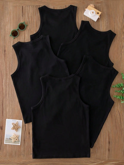 5pcs/Pack Boys Toddler Minimalist Style Black Solid Color Round Neck Sleeveless Lightweight Soft Knit Undershirts, Suitable For All-Season Casual Wear. This Comfortable Skin-Friendly Material Ba