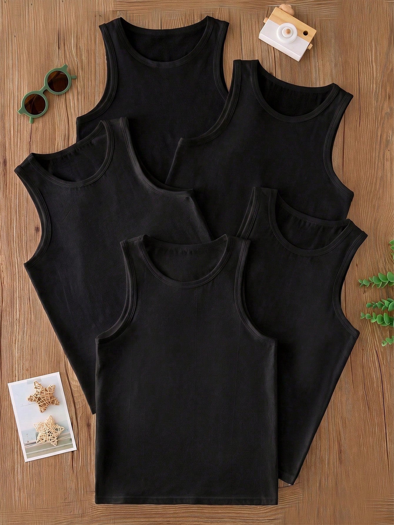 5pcs/Pack Boys Toddler Minimalist Style Black Solid Color Round Neck Sleeveless Lightweight Soft Knit Undershirts, Suitable For All-Season Casual Wear. This Comfortable Skin-Friendly Material Ba
