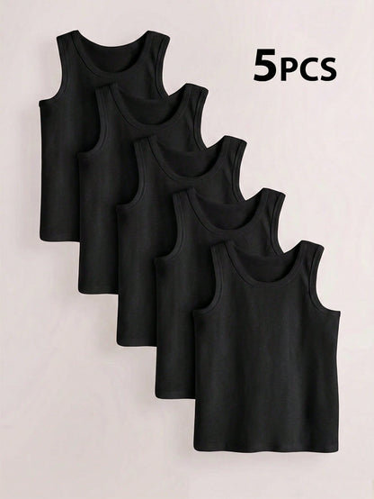 5pcs/Pack Boys Toddler Minimalist Style Black Solid Color Round Neck Sleeveless Lightweight Soft Knit Undershirts, Suitable For All-Season Casual Wear. This Comfortable Skin-Friendly Material Ba