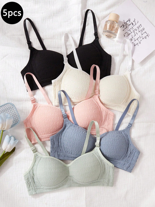 5pcs/Pack Teenage Girls Non-Wired Push Up Bras Comfortable Bra Sets, Suitable For Small Bust Back-To-School Black White Summer