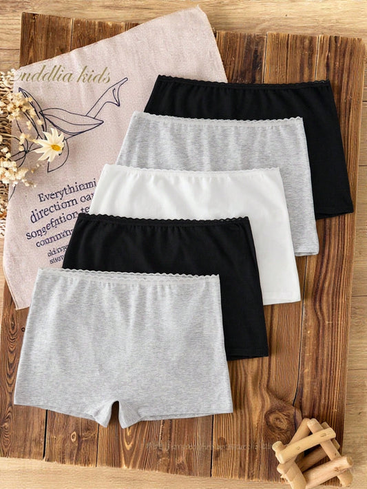 5pcs/Pack Teenagers/Women's Lace Trim Basic Black, White And Gray Underwear Panties, Sweet & Minimalist,Back To School Fall Winter