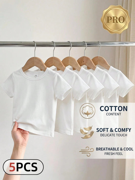 5pcs/Set Baby Boy Spring/Summer Simple Comfortable White T-Shirt