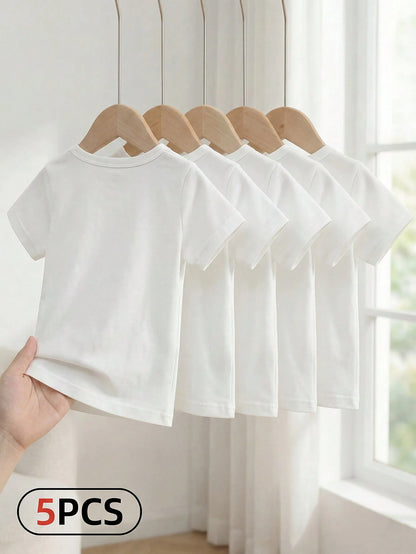 5pcs/Set Baby Boy Spring/Summer Simple Comfortable White T-Shirt