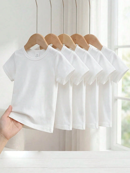 5pcs/Set Baby Boy Spring/Summer Simple Comfortable White T-Shirt