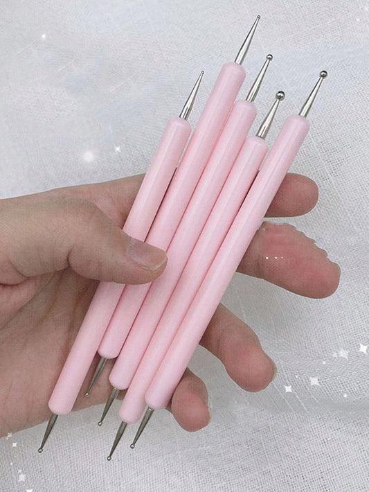5pcs/Set Double-Ended Nail Art Dotting Pen Tool Kit, Includes Dotting Pens, Pink