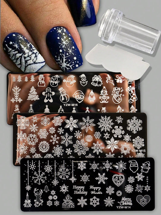 5pcs Set Nail Art Steel Plates And Stamp Scrapers, Christmas Snowflake Snowman Christmas Tree Reindeer Bell, DIY Nail Art Printing Template Nail Polish Transfer Tool