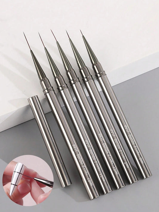 5pcs/Set Nail Liner Brush, DIY Drawing Painting Flower Line Stripes Pen 6/9/12/15/18mm Metal Handle Nail Art Brush With Cover Nail Brushes, Must Have