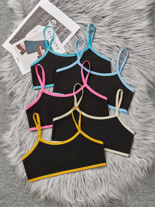 5pcs/Set Teen Girl Minimalist Comfy Contrast Color Elastic Soft Skin-Friendly Camisole Underwear Set