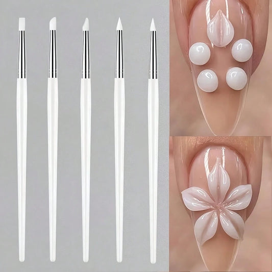 5pcs Silicone Nail Art & Pottery Tools Brushes, With Practical Wooden Handles, Creative Handcraft Brushes