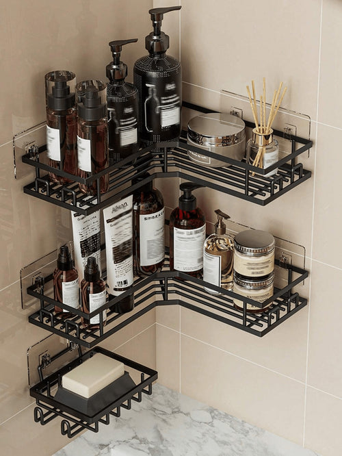 5pcs Stainless Steel Bathroom Storage Rack Set, Corner Shower Caddy, Wall Mounted Adhesive Shower Organizer, Load Capacity Less Than 10kg, Suitable For Bathroom, Kitchen And Living Room Corner Storage