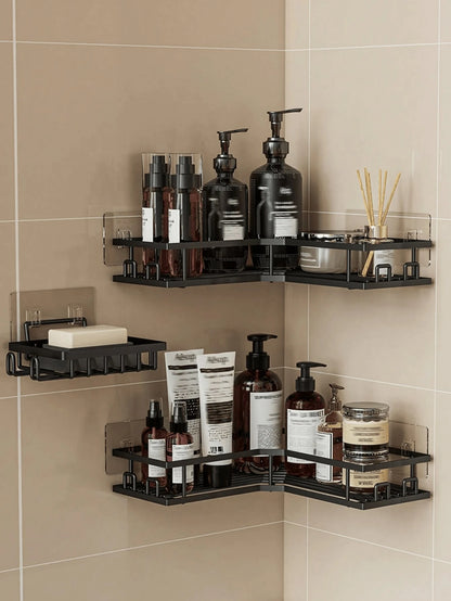 5pcs Stainless Steel Bathroom Storage Rack Set, Corner Shower Caddy, Wall Mounted Adhesive Shower Organizer, Load Capacity Less Than 10kg, Suitable For Bathroom, Kitchen And Living Room Corner Storage